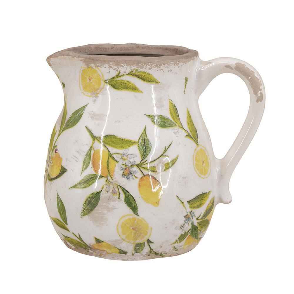 6 in. White Ceramic Pitcher Decorative Vase 1 PC with Yellow Lemon