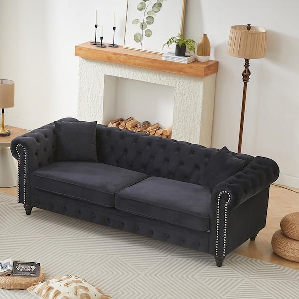 Beryl 85.5 in. Rolled Arm Velvet Upholstered Rectangle Tufted Chesterfield Sofa in Black with Pillows, Nailhead Trim