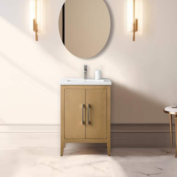 Vanity Art 24 in. W x 18.5 in D x 34 in. H Single Sink Bathroom Vanity Cabinet in Natural Oak with Ceramic Top