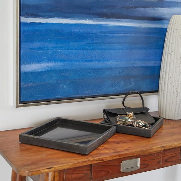 Litton Lane Black Marble Decorative Tray with Raised Border (Set of 2)