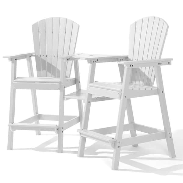 PASAMIC White HDPE Tall Adirondack Chair with Removable Double Connecting Trays for Deck, Balcony, Patio (2-Pack)