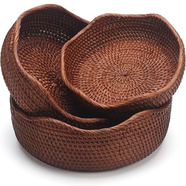 Decorative Brown Wicker Storage Baskets for Kitchen Counter Organizing Set of 3