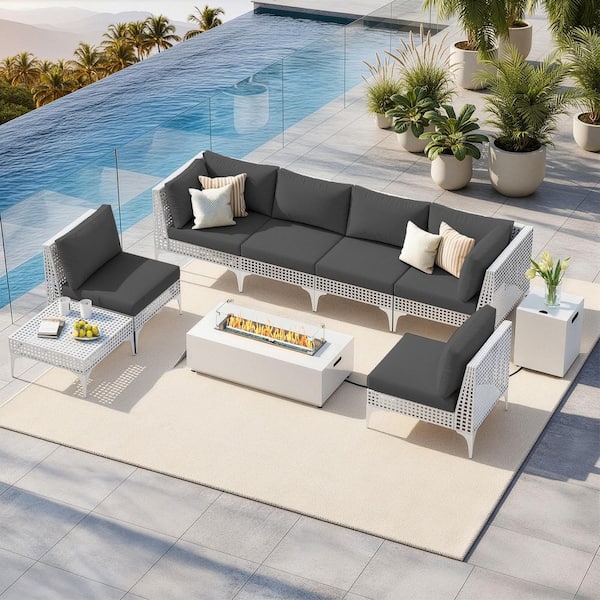FINCATI (9-Piece) Outdoor Patio Furniture Set Wicker Conversation Set with Fire Pit Table, Dark Gray Cushions and Coffee Table