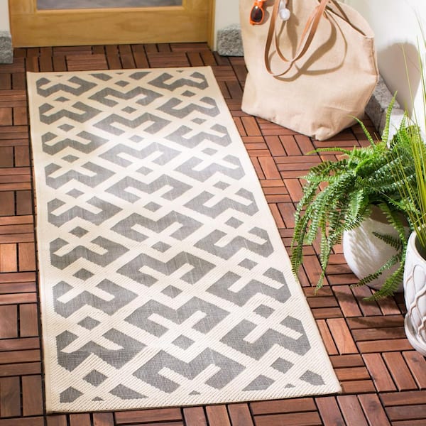 Courtyard Gray/Bone 2 ft. x 14 ft. Geometric Indoor/Outdoor Patio  Runner Rug