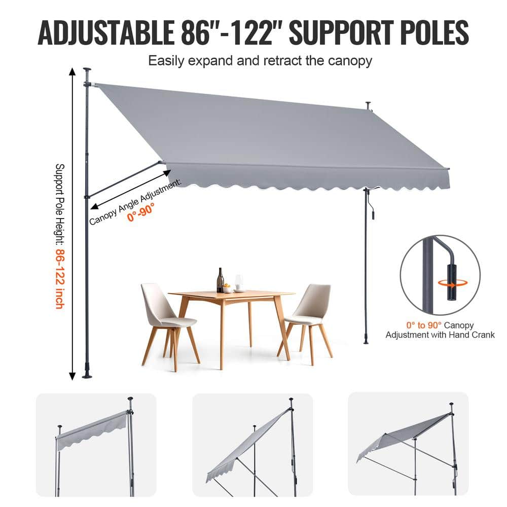Gray Retractable Patio Awning with Manual Crank Handle