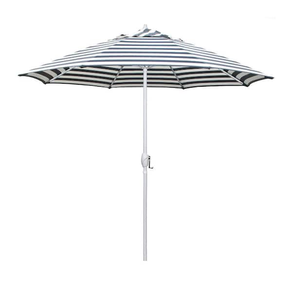 California Umbrella 9 ft. Matted White Aluminum Market Patio Umbrella Auto Tilt in Navy White Cabana Stripe Olefin