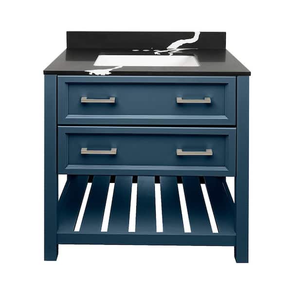 Amluxx Milan 31 in. W x 22 in. D x 36 in. H Bath Vanity in Navy Blue with Quartz Stone Vanity Top in Calacatta Black