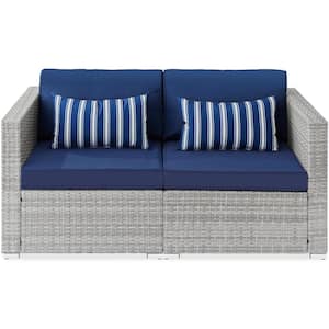 2-Person Wicker Outdoor Patio Loveseat Couch Furniture Set with Navy Blue Cushions, 2 Accent Pillows