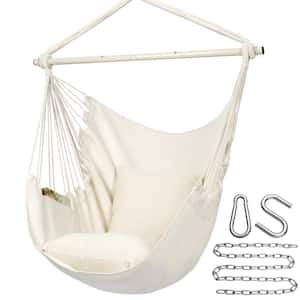 53 in. Hanging Rope Hammock Chair, 500 lb. Max, 2 Pads Included, Steel Spreader Bar with Anti-Slip Rings, Beige