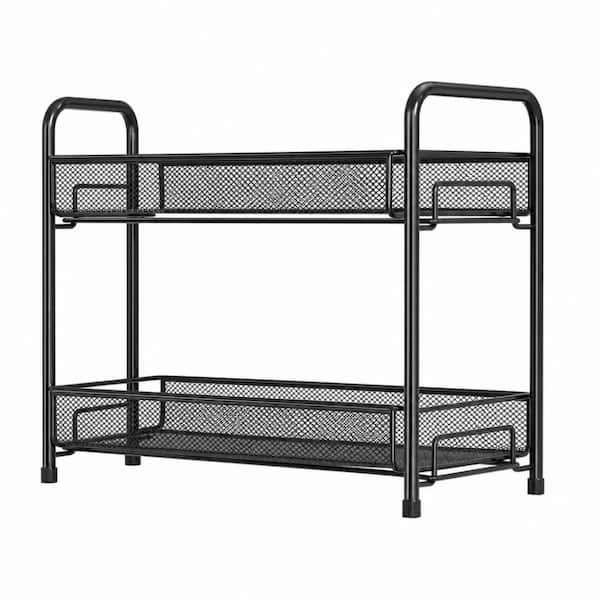 2-Tier Countertop Use Tiered Spice Rack Organizer, Foldable Metal Rust-Proof Standing Seasoning Storage Shelf, in Black