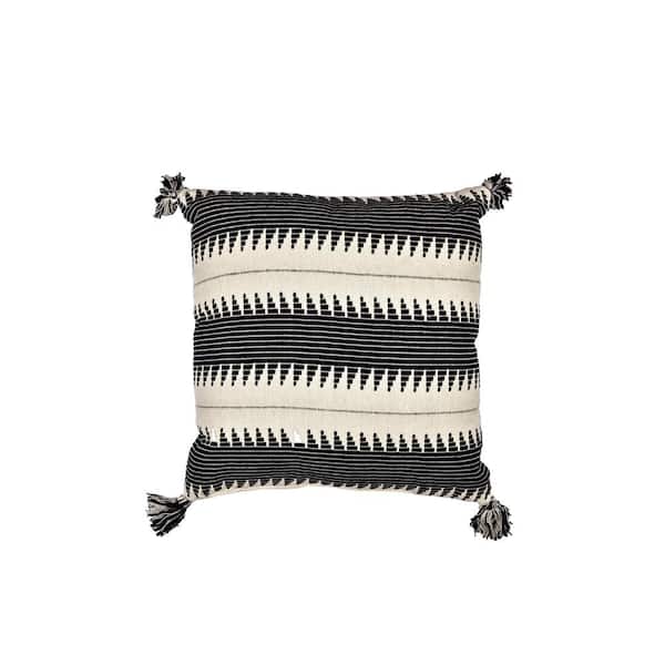 SPITIKO HOMES Natural/Black 100% Cotton Square Pillow Cover and Insert with Tassels 20 in. x 20 in.