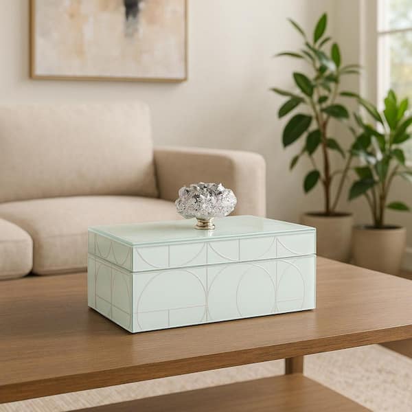 Silver/Metallic 8 in. x 5 in. Glass Sparkly Geometric Decorative Box with Stone Top