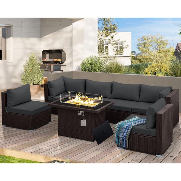 FINCATI High-end 7-Pieces Brown Wicker Patio Fire Pit Conversation Sectional Deep Seating Sectional Set with Grey Cushions