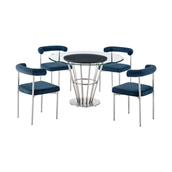 Armen Living Veronica and Shannon 5-Piece Blue and Glass Top Dining Set Seats 4