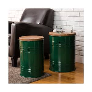 Hunter Green Modern Metal Storage Accent Table or Stool with Solid Wood Lid (Set of 2)