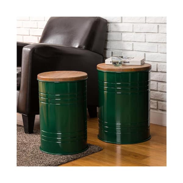 Glitzhome Hunter Green Modern Metal Storage Accent Table or Stool with Solid Wood Lid (Set of 2)