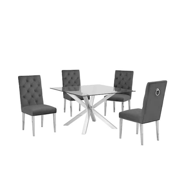 Best Quality Furniture Anitta 5-Piece Square Glass Top With Stainless Steel Base Table Set With 4 Dark Grey Velvet Chairs With Tufted Buttons