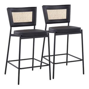 Tania 36 in. Black Faux Leather and Black Metal Counter Stool with Rattan Accent (Set of 2)