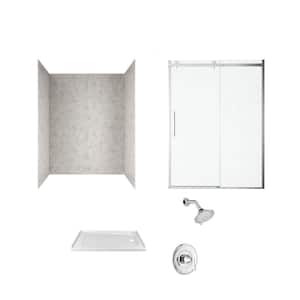 Passage 60 in. x 72 in. Right Drain 4-Piece Glue-Up Alcove Shower Wall Door Chatfield Shower Kit in Platinum Marble