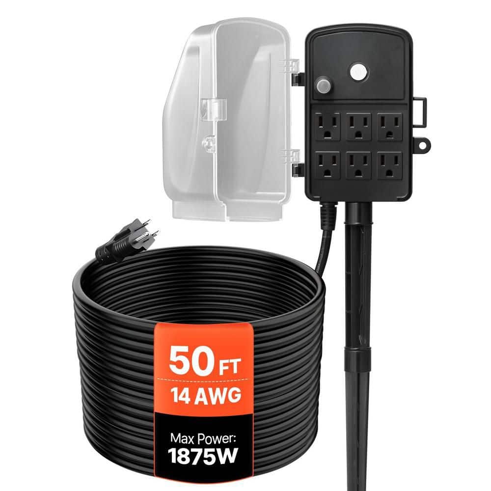 50 ft. 14 / 3 Outdoor Power Stake Extension Cord with 6 Outlets Weatherproof with Overload Protection Black price history on PriceWatchPro
