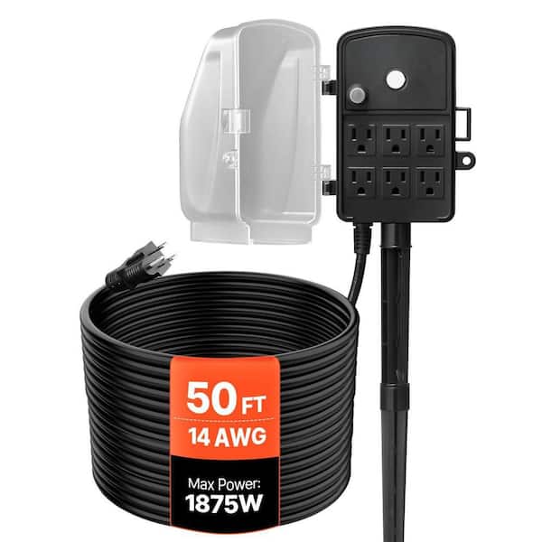 50 ft. 14 / 3 Outdoor Power Stake Extension Cord with 6 Outlets Weatherproof with Overload Protection Black