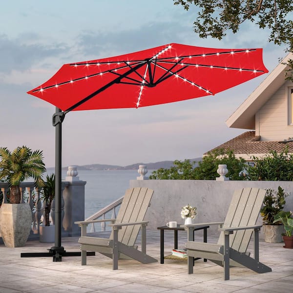 10 ft. Solar LED Cantilever Patio Umbrella with Cross Base, Outdoor Offset Hanging 360° in Red