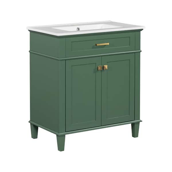 JimsMaison 30 in. W x 18 in. D x 34 in. H Single Sink Freestanding Bath Vanity in Green with White Ceramic Top