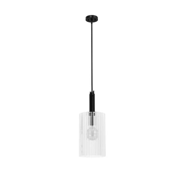 Gatz 60-Watt 1-Light Matte Black Island Pendant Light with Clear Fluted Glass Shade, Bulb Not Included