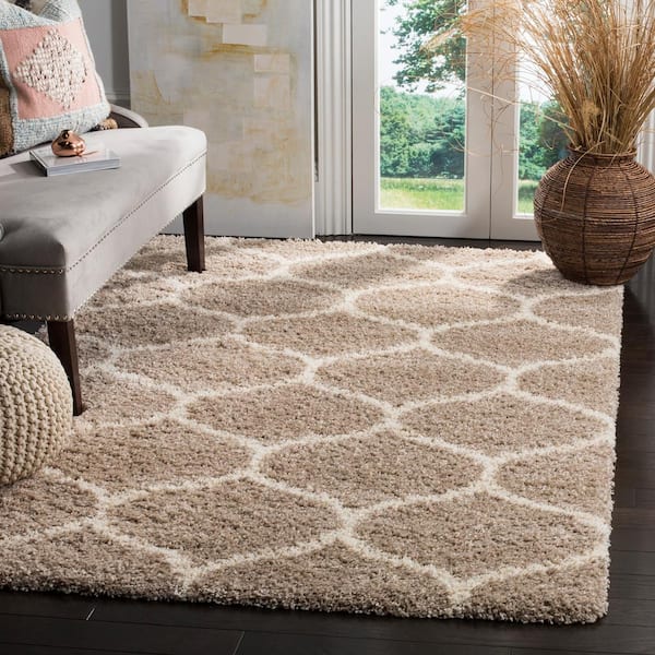 Hudson Shag 10 ft. x 14 ft. Beige/Ivory Geometric Trellis Area Rug