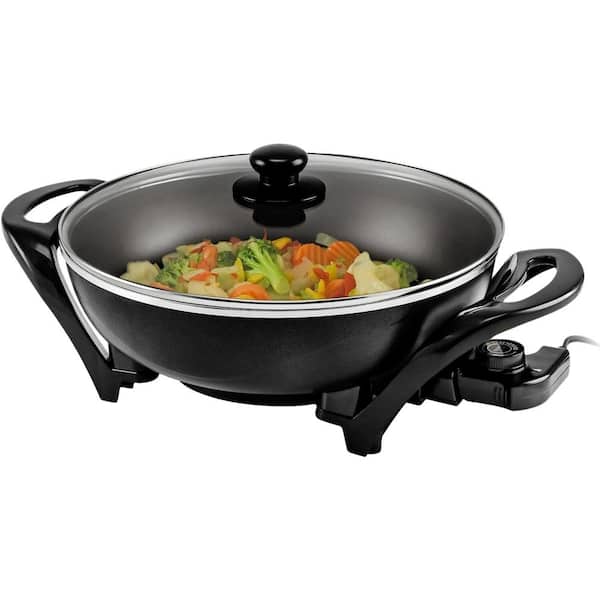 OVENTE 132 Sq. In. Black Electric Wok with Nonstick Coating, Family-Sized Skillet with Tempered Glass Lid