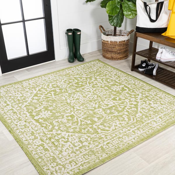 Green/Cream 5 ft. Square Malta Bohemian Medallion Textured Weave Indoor/Outdoor Area Rug