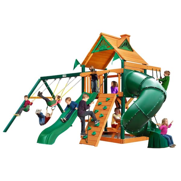 Gorilla Playsets Mountaineer Wooden Swing Set with Timber Shield Posts, 2-Slides and Rock Climbing Wall