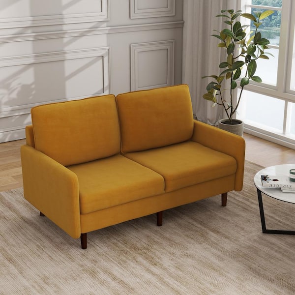 Uixe 56.88 in. Straight Arm Velvet Upholstered Rectangle 2-Seater Wood Legs Sofa in Ginger