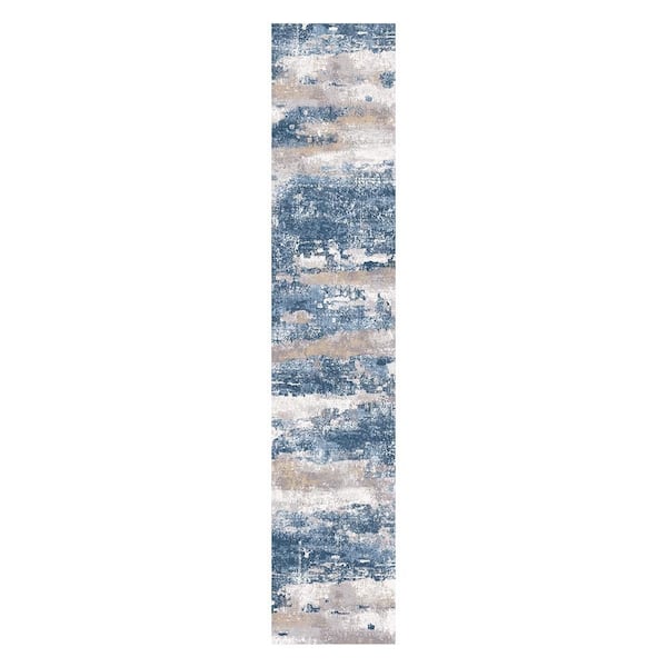 Zephyr Machine Washable Cream Blue 2 ft. x 10 ft. Modern Abstract Indoor Area Rug