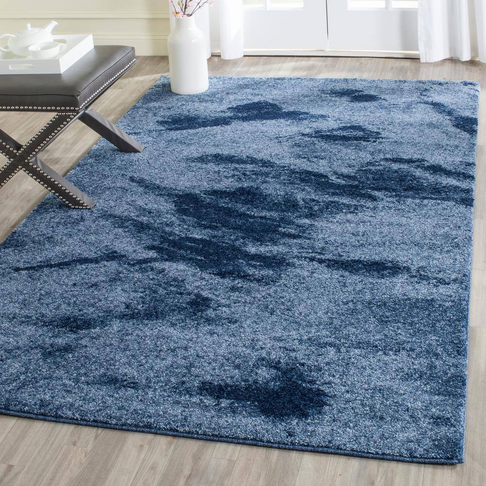 Light Blue and Navy Abstract Square Shag Rug