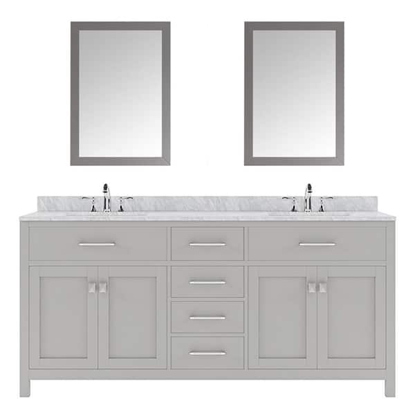 Virtu USA Caroline 72 in. W Bath Vanity in Gray with Marble Vanity Top in White with Square Basin and Mirror