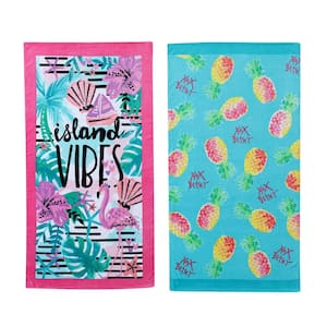 Island Vibes and Pineapple Playtime 2-Piece Pink and Blue Cotton 36 in. x 68 in. Beach Towel Set