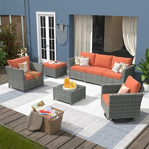 Fontainebleau Gray 7-Piece Wicker Patio Conversation Sectional Sofa Set with Orange Red Cushion and Swivel Rocking Chair