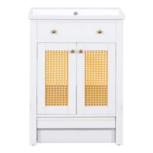 24.00 in. W x 18.00 in. D x 34.00 in. H Wood Frame Bath Vanity in White with Cultured Marble Top and Pull-out footrest