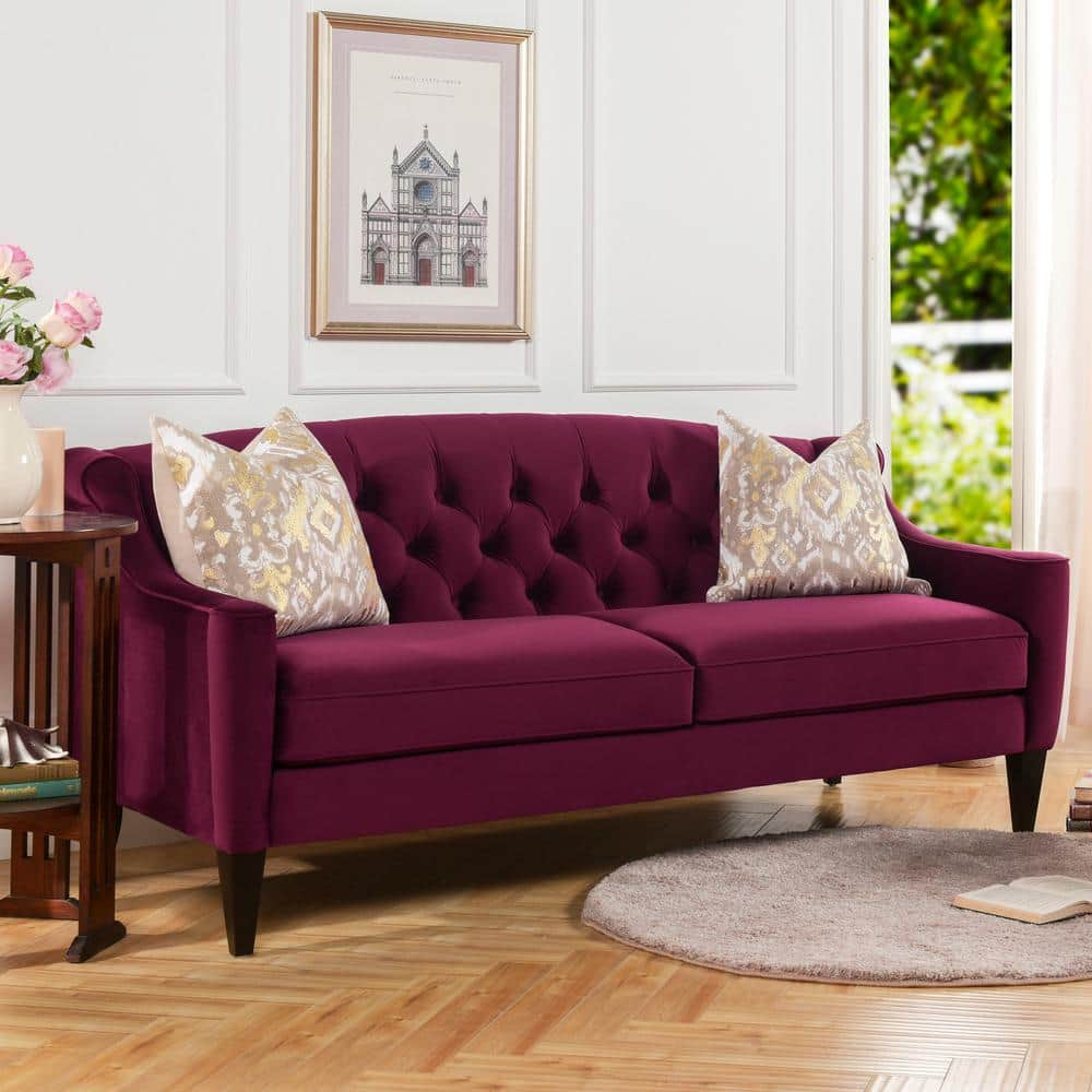 Jennifer Taylor Ken 74 in. Burgundy Velvet 3-Seater Camelback Sofa with ...