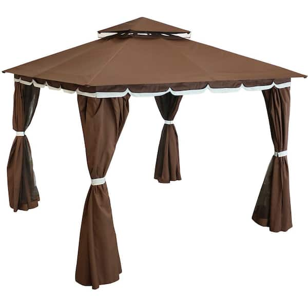 Sunnydaze 10 ft. x 10 ft. Soft Top Brown Gazebo with Mesh Screen and Privacy Walls