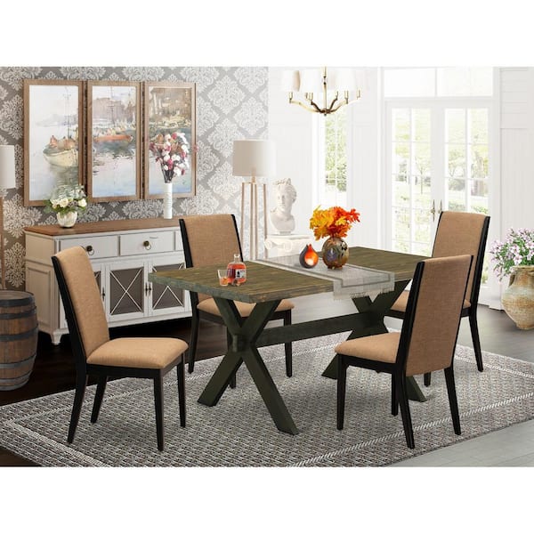 East West Furniture 5-Piece Rectangle Distressed Jacobean Finish Solid Wood Top Dining table with 4 Chairs with Lattice Back