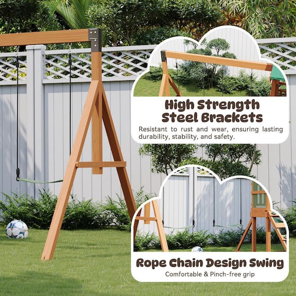 BaPiPro Outdoor Wooden Swing Set with Vinyl Roof, Wave Slide, Rock