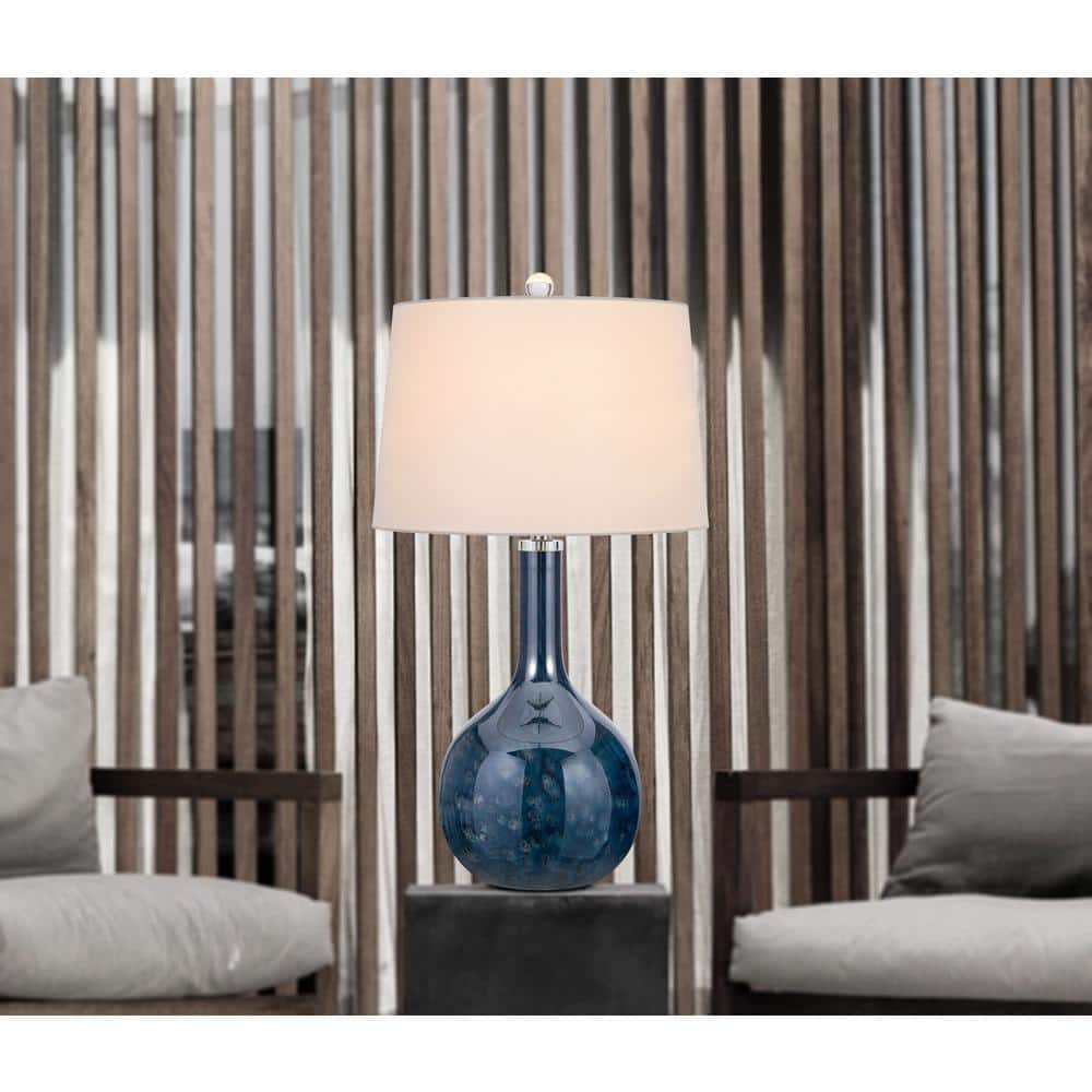 Kemi Deep Blue Glass Gourd Table Lamp Set with White Shades