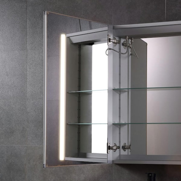 Rieti 24 in. W x 32 in. L Rectangular Surface-Mount LED Glass Surface Mount Medicine Cabinet with Mirror in Silver Rieti 24 in. W x 32 in. L Rectangular Surface-Mount LED Glass Surface Mount Medicine Cabinet with Mirror in Silver