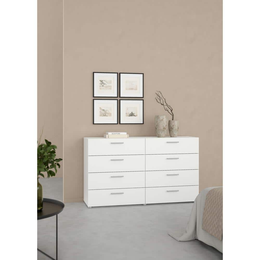 White MDF Double Dresser with 8 Horizontal Drawers