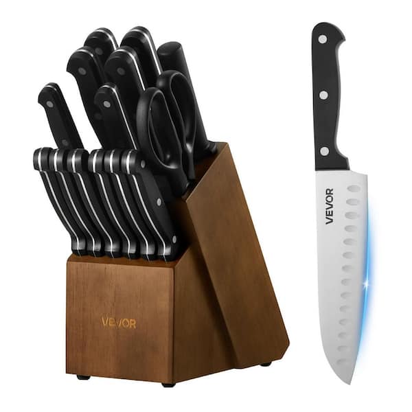 Kitchen Knife Set with Block and Sharpener, 15 Piece German High Carbon Stainless Steel Knife Set, Kitchen Cutlery