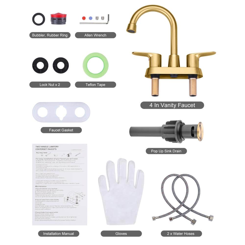Brushed Gold Stainless Steel Double Handle High Arc Bathroom Faucet