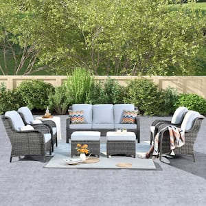 Santorini Gray 7-Piece Wicker Outdoor Patio Conversation Seating Sofa Set with Gray Cushions