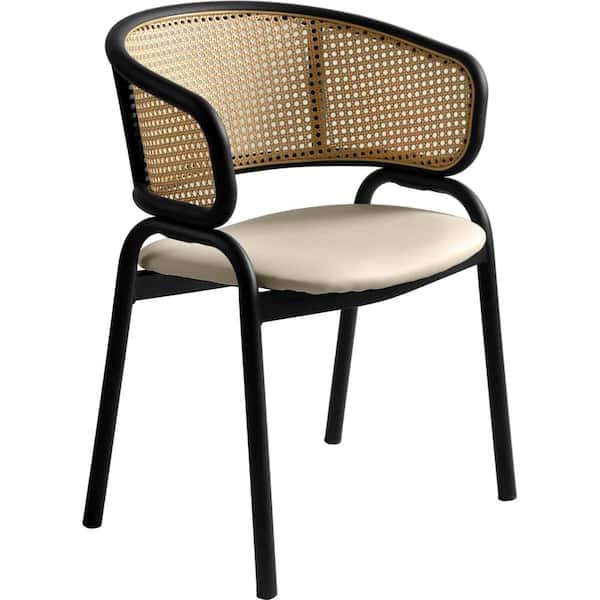 Modern Wicker Dining Chairs with Leather Seat in Black Stainless Steel Accent Side Armchair in Beige